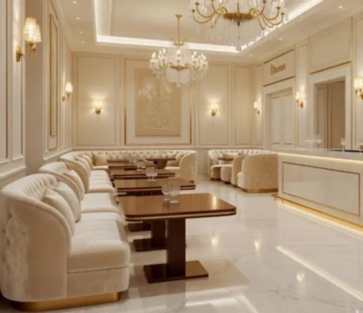 Krémszín-márvány és champagne arany részletek egy elegáns belső térben