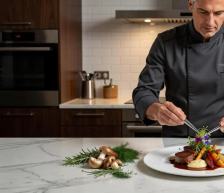 Séf művészi tálalással készített fine dining fogása elegáns tányéron