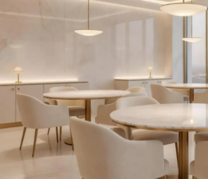Elegáns, márványburkolatú fine dining étterem enteriőr krémszín és champagne arany részletekkel