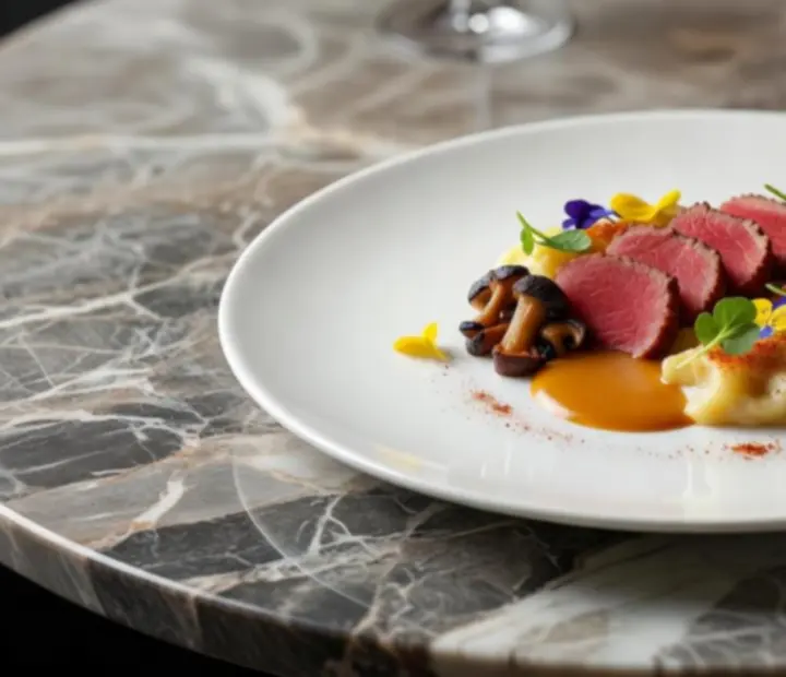 Művészi tálalású fine dining fogás márvány hatású tányéron