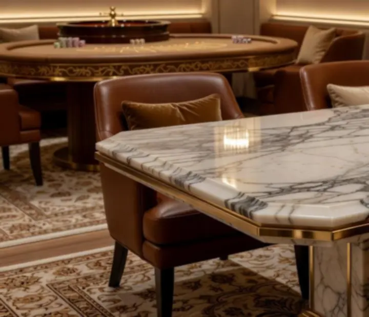 Champagne arany részletek és márvány felületek egy exkluzív lounge térben