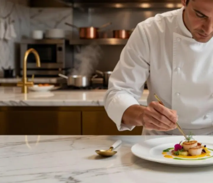 Séf által készített fine dining tányérkompozíció közelről