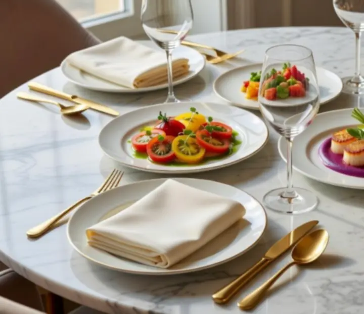 Elegánsan tálalt szezonális degusztációs fogások a Dunaliget étteremben